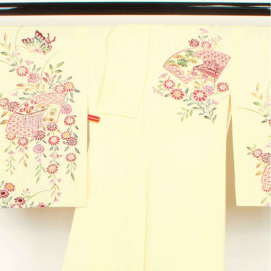 Homongi, lined, length 159cm, sleeve length 62.5cm, Torinoko color, Kyoto Bingata, floral pattern, pure silk, A rank, cream color, 1112001943315