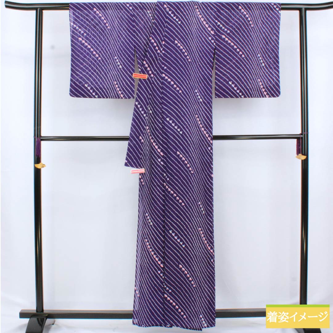夏物 ポリエステル 小紋 身丈160.5cm 裄丈65cm 菫色（すみれいろ） 扇面 洗える着物 絽 Aランク 紫系 1132002543420