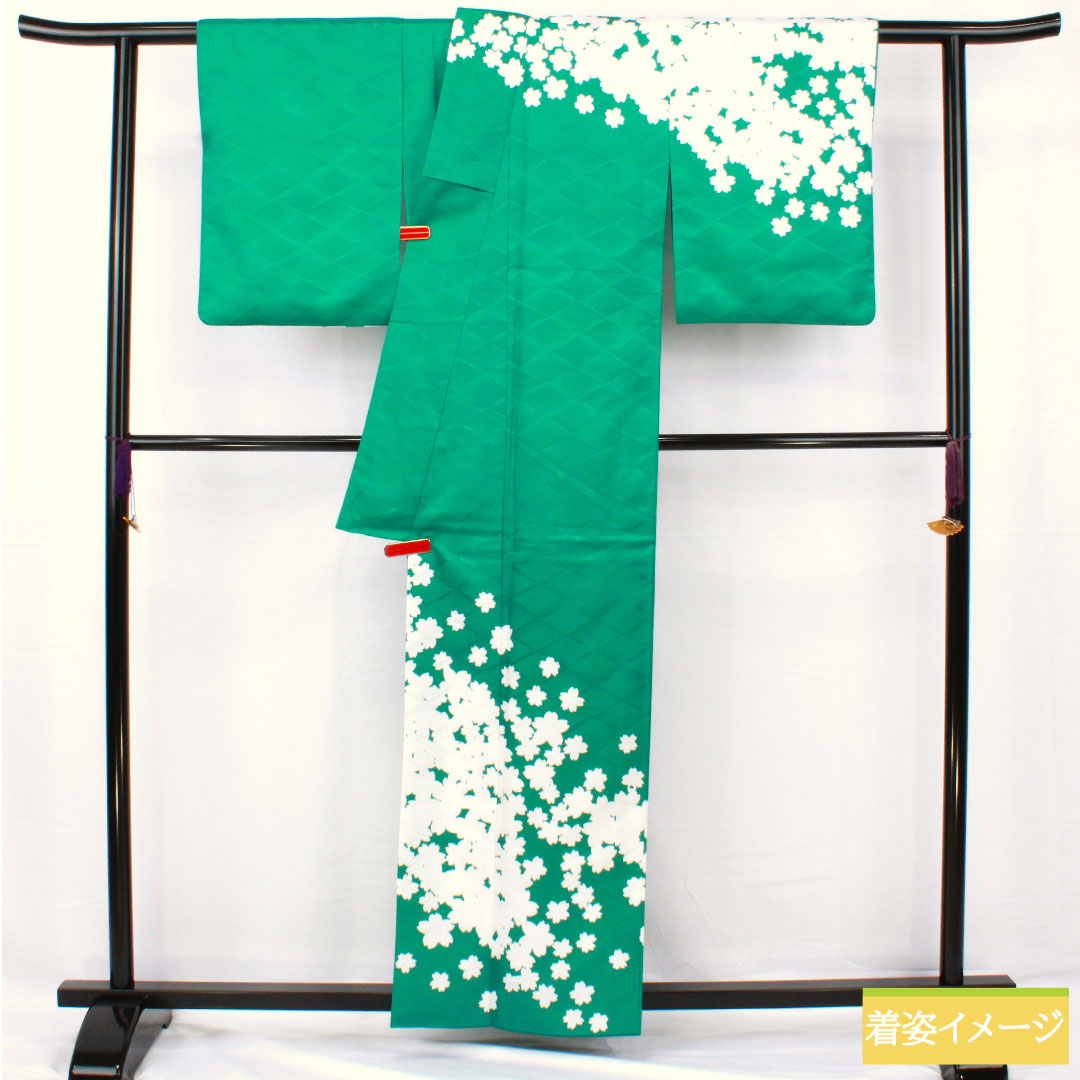 Homongi (formal kimono) made of polyester, lined, length 159cm, sleeve length 62cm, peacock green, washable kimono, cherry blossom, S rank, green, 1112005372319