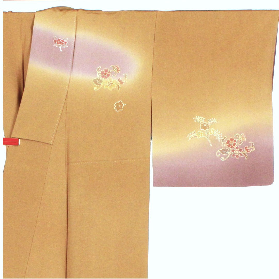 訪問着 袷 身丈159cm 裄丈62cm 汕頭刺繡 相良刺繡 黄土色 正絹 Aランク 黄系 1112001463323