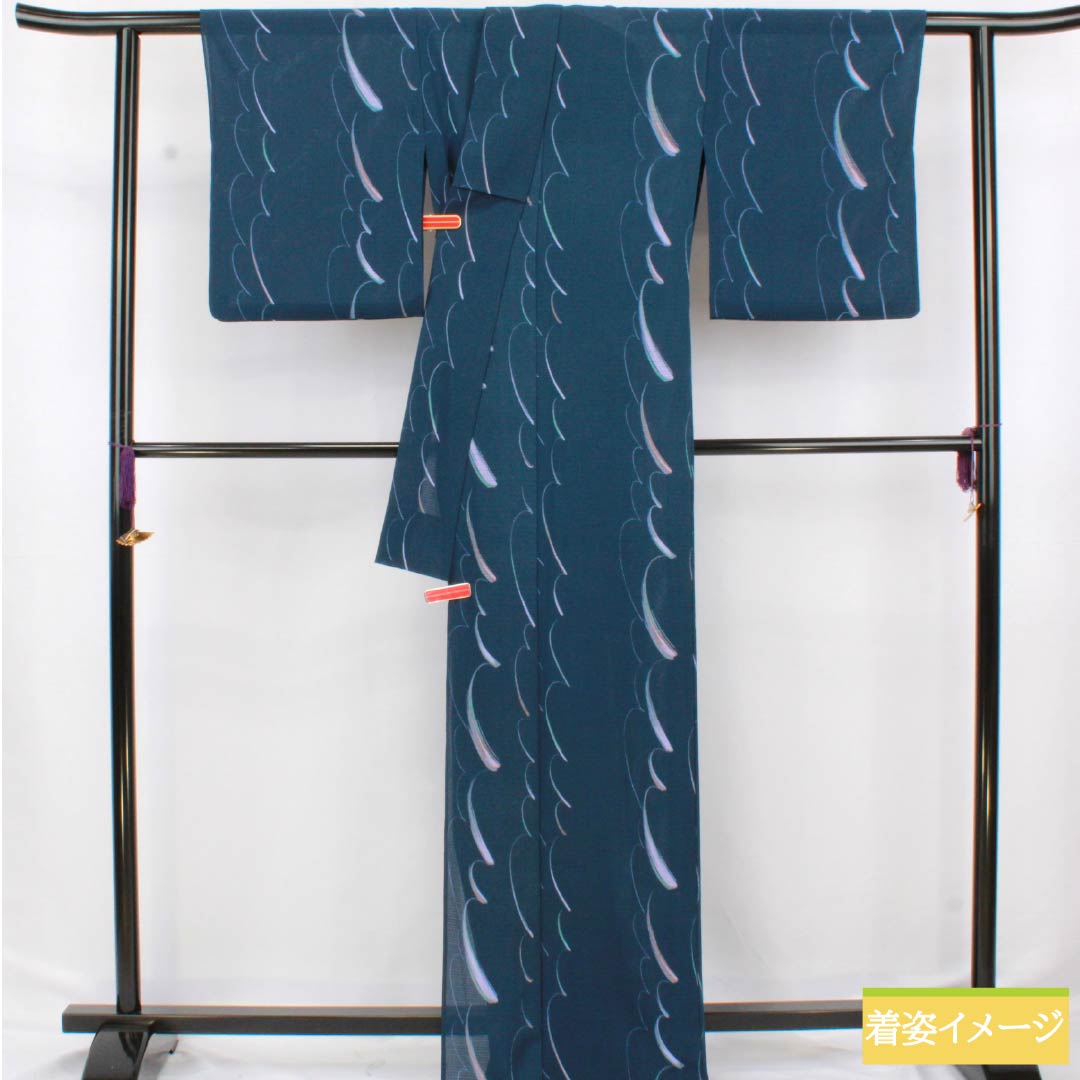 Summer kimono, polyester, komon (small pattern), length 168cm, sleeve length 66cm, navy iron color (kontetsuiro), abstract pattern, washable, ro (ro silk), rank A, navy blue, product number 1132002643518