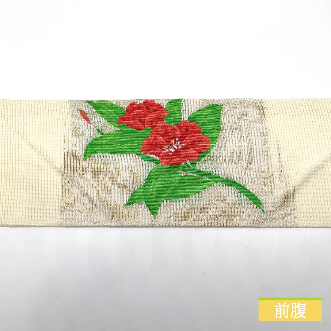 Nagoya Obi, Pure Silk, Off-White, Summer Obi, Camellia Pattern, 362cm Long, Rank B, Pointed Pattern, Semi-Formal, Cream, Item No. 1124008774315, Nagoya Style