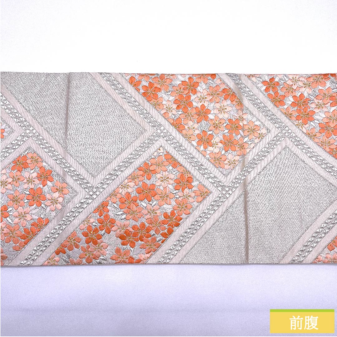 Silver Fukuro Obi, Cherry Blossom, Sayagata, Length 416cm, Pure Silk, S Rank, Six-way, Formal, Silver, 1123010282322