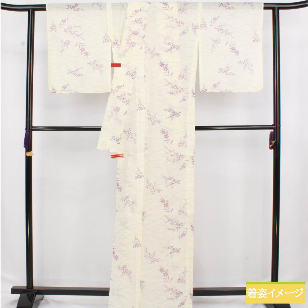 夏物 麻 紬 身丈165cm 裄丈69cm 乳白色（にゅうはくしょく） 小千谷縮 草花模様 紗 Aランク 白系 1132002683511