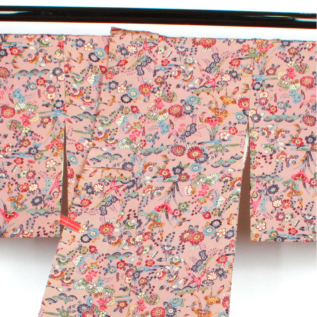 小紋 身丈159.5cm 裄丈64.5cm 袷  銀煤竹色 型染 草花模様  正絹 Sランク 朱系 1115002212316