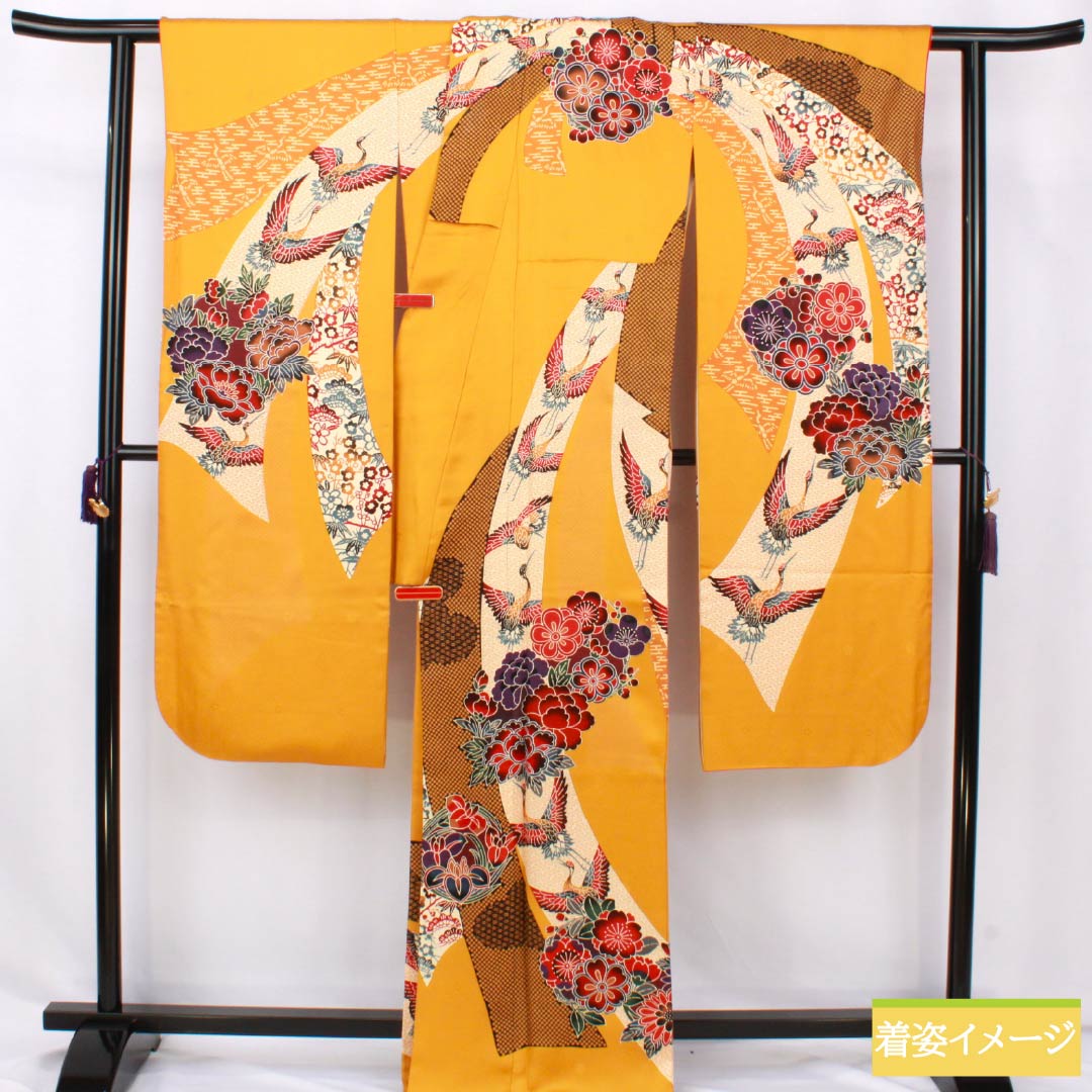 振袖 正絹 Aランク 身丈167.5cm 裄丈70.5cm 袷 萱草色（かんぞういろ） 京紅型 束ね熨斗 橙系 1113002423526