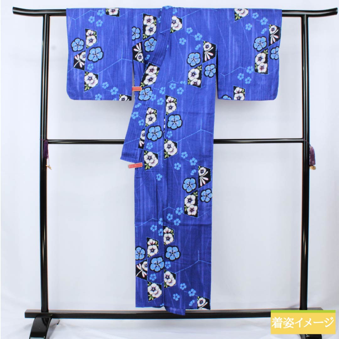 浴衣 木綿 身丈150cm 裄丈65cm Sランク 単衣 青系 青紫色（あおむらさきいろ） トンボ 撫子 1118006592117