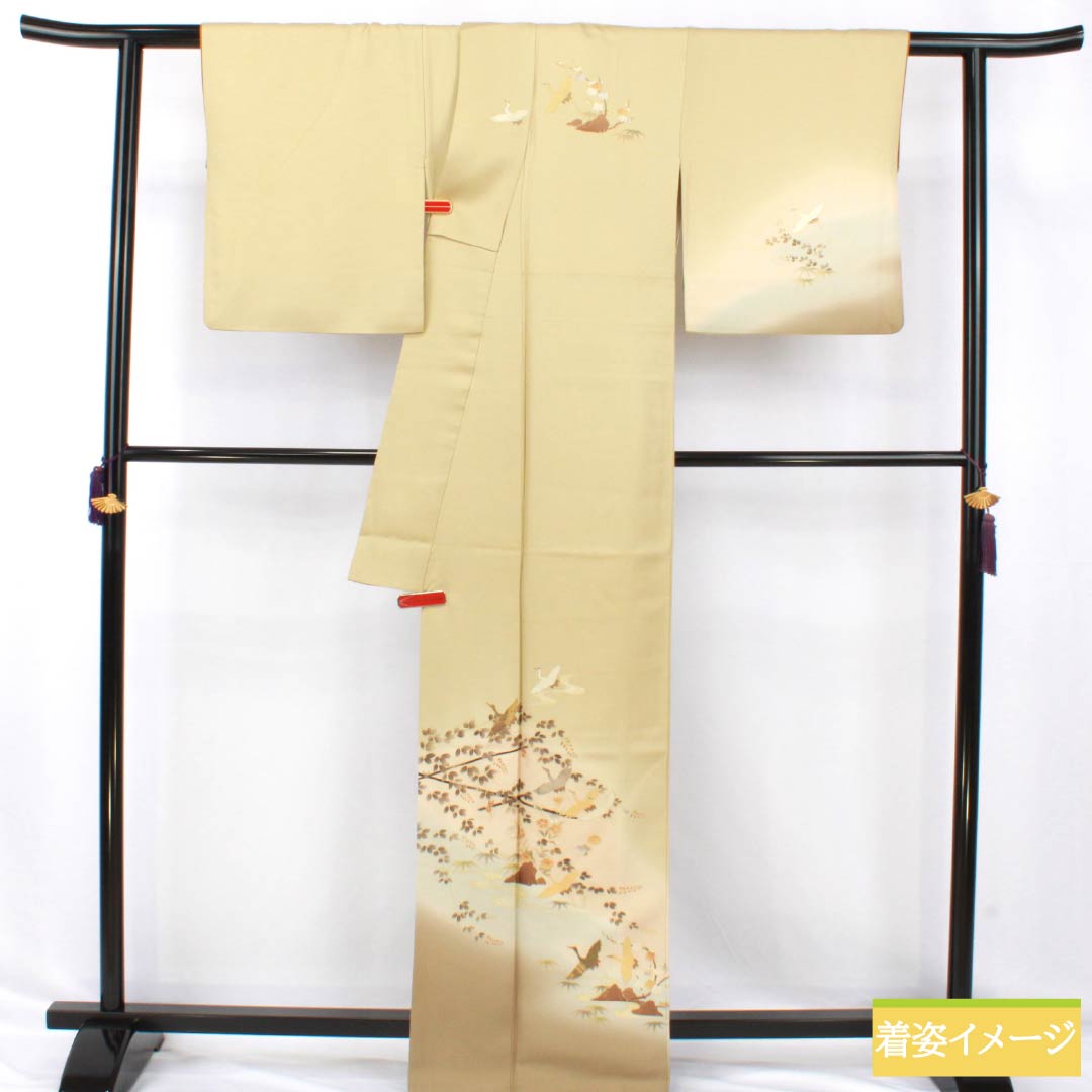 Visiting Kimono, Pure Silk, Rank B, Lined, Length 165.5cm, Sleeve Length 67cm, Pale Yellowish Brown, Gold Accents, Flowing Water and Crane Design, Yellowish Color, Product Number: 1112006904523