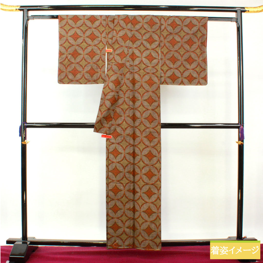 Tsumugi, pure silk, length 158cm, sleeve length 62.5cm, Shippo, A rank, lined, brown, 1116003543314