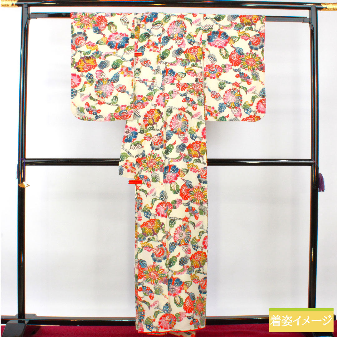 Komon, pure silk, length 158cm, sleeve length 62cm, lined, milky white, Kyoto Bingata, floral pattern, A rank, cream color, 1115004293315