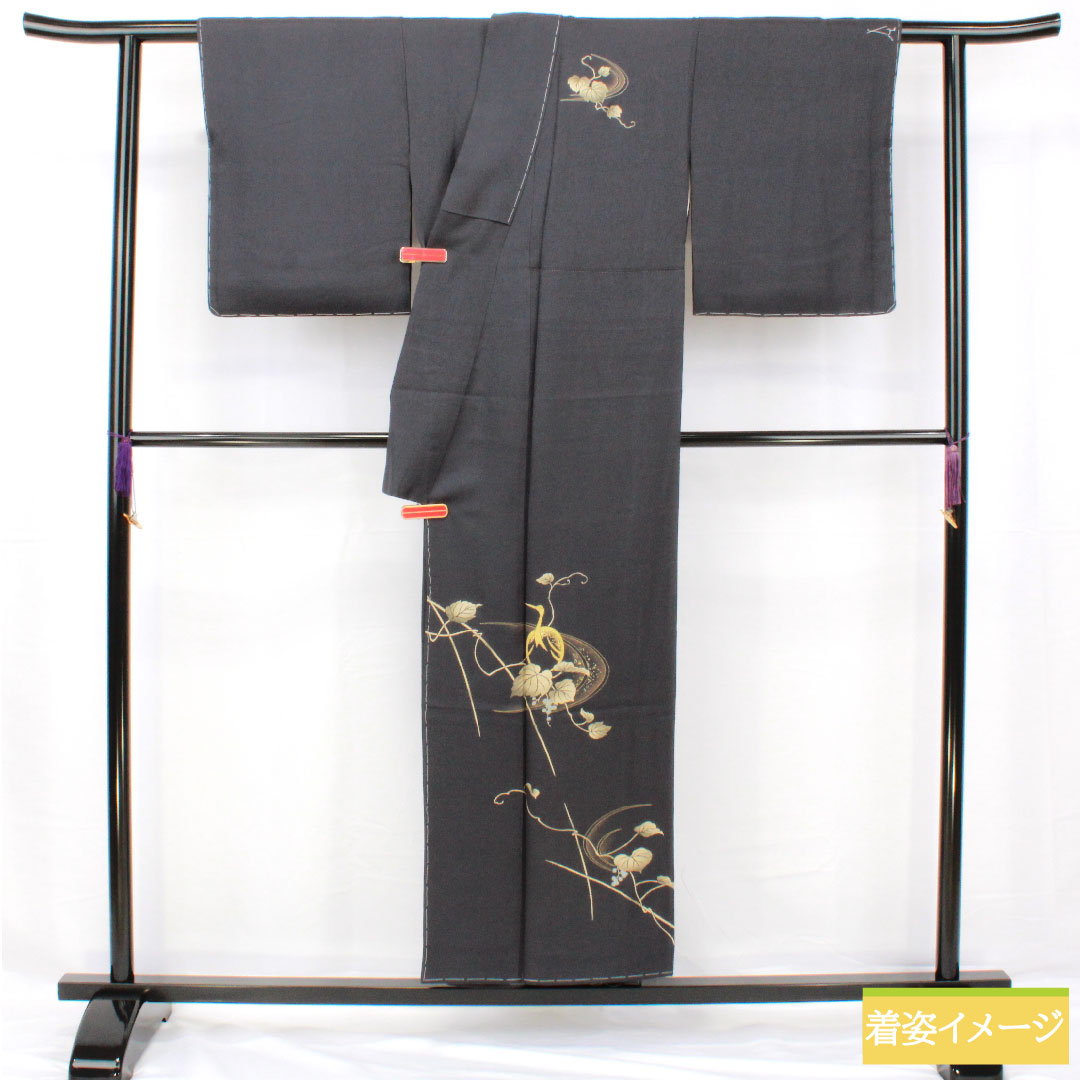 訪問着 正絹 袷 身丈150cm 裄丈62cm 黝色（ゆうしょく） 京友禅 鶴 草花模様 しつけ糸付き 未使用品 Sランク 黒系 1112005532110