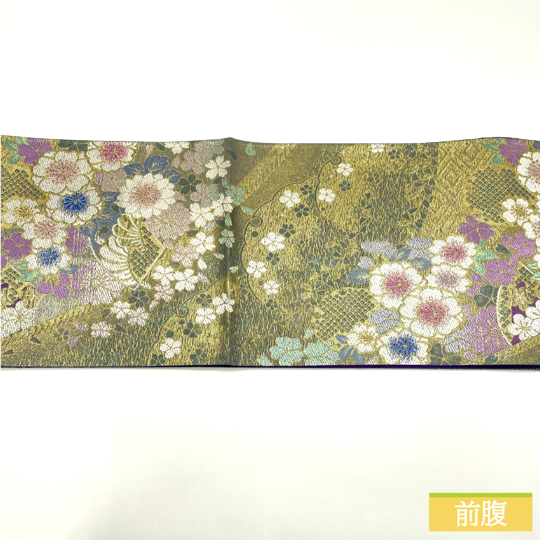Fukuro obi, pure silk, S rank, reversible, Nishijin-ori, cherry blossoms, stripes, obi length 464cm, Rokutsu, formal, gradation, 1123017262499