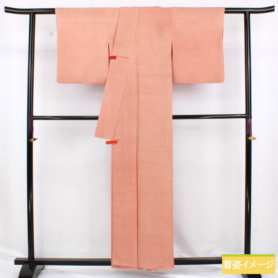 A-Rank Pure Silk Komon (Small-Wear) - Length 157.5cm, Sleeve Length 63cm - Single-Layer Kimono - Hisameiro (Faded Scarlet) - Edo Komon (Small-Wear) - Shark Skin Pattern - Five-Three Paulownia Pattern - Orange-Based Crest - Product Code: 1115007223326
