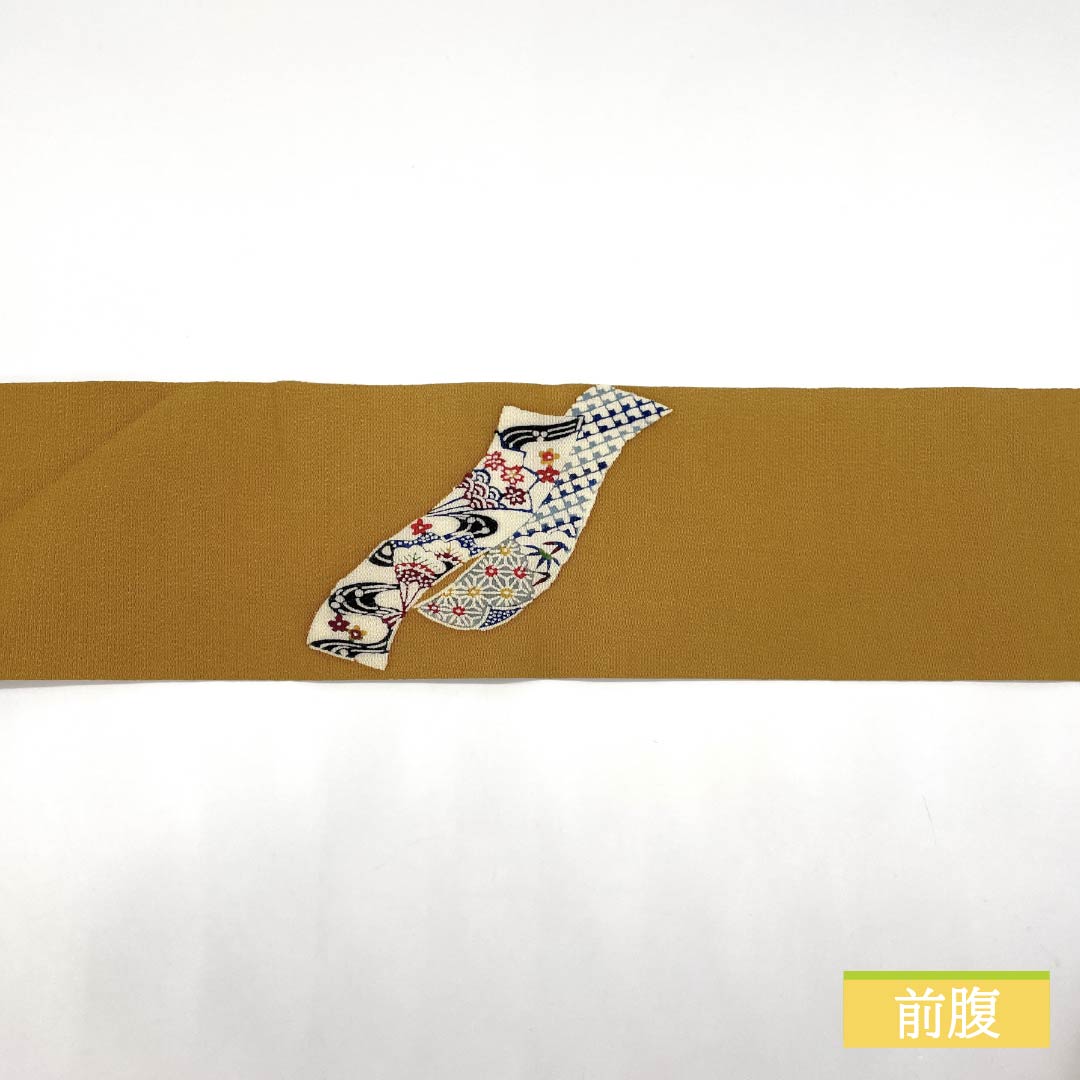Nagoya obi, earthen cloth color (Toupusu color), Kyoto Bingata, crepe fabric, noshi, obi length 369cm, pure silk, S rank, point pattern, casual, yellow, 1124007972323, Nagoya style