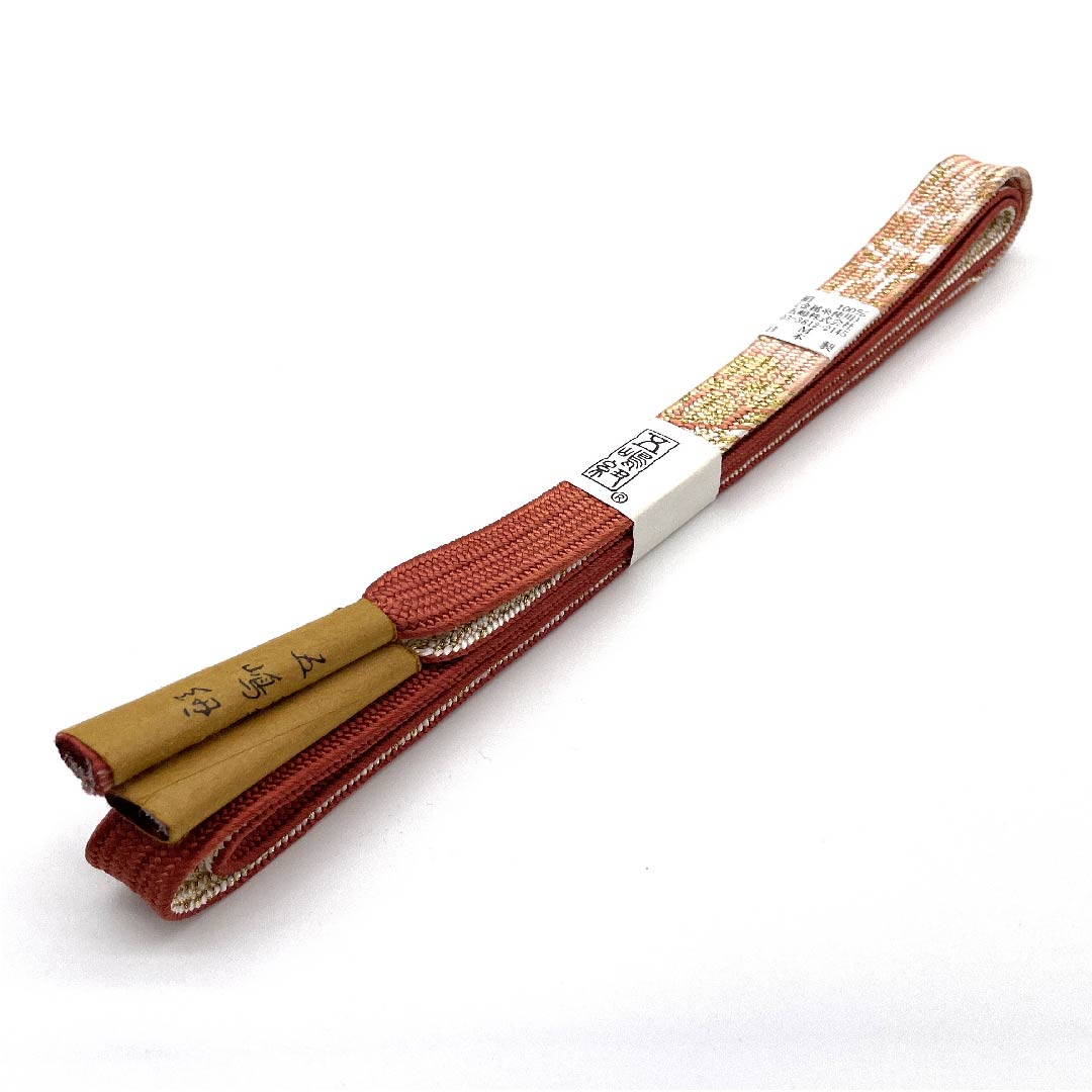 （新古品） 帯締め 正絹 四分紐 紅唐色（べにとういろ） 五嶋紐 江戸組紐 金属糸使用 長さ約162cm 幅約1.7cm セミフォーマル Sランク 橙系 1135002392326