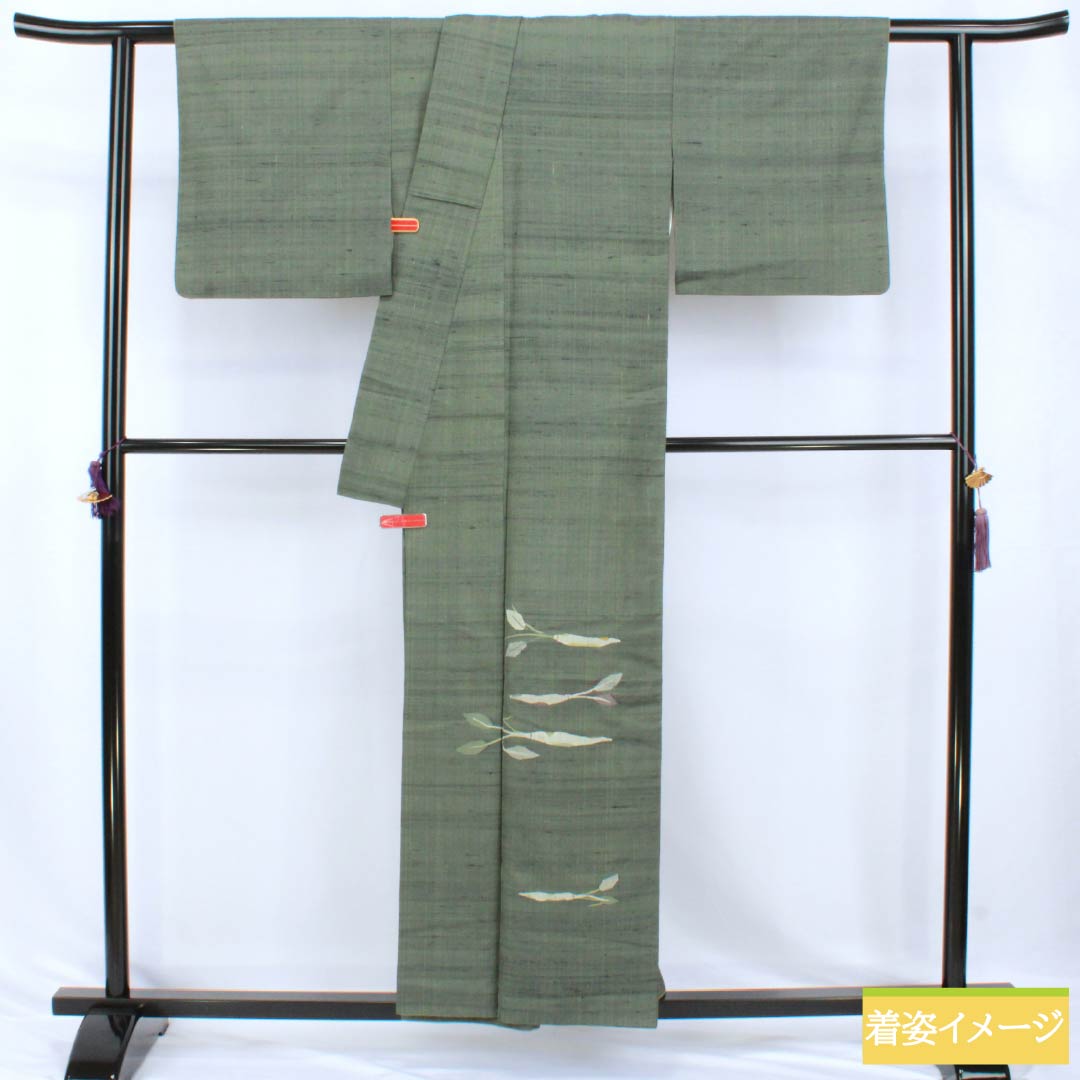 訪問着 正絹 Aランク 袷 身丈156cm 裄丈66cm 岩井茶色（いわいちゃいろ） 付下げ すくい織 紬地 作家物 野菜 緑系 1112007803319