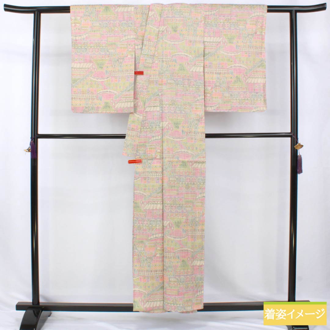 紬 正絹 Sランク 身丈155cm 裄丈62.5cm 絵絣模様 単衣 グラデーション系 1116005022399