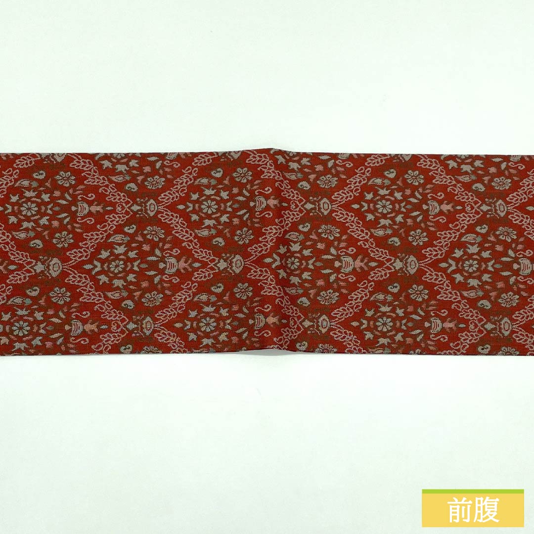 Nagoya Obi, Pure Silk, S-Rank, Benikakiiro (Red Persimmon Color), Shoba Weave, Sarasa Pattern, 330cm Length, Full Length, Casual, Orange, Item Number: 1124009362326, Nagoya Style