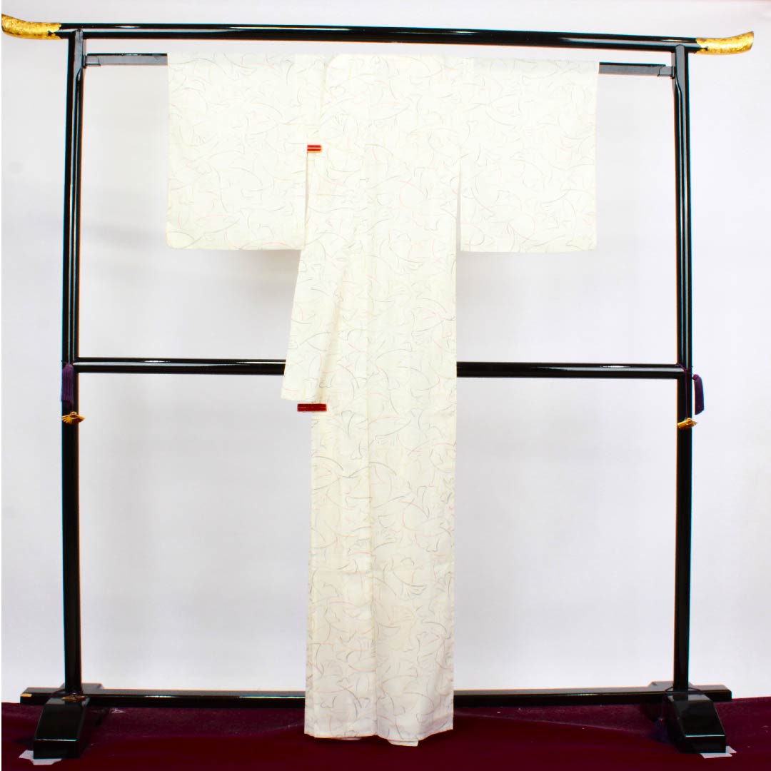夏物 ポリエステル 小紋 身丈163.5cm 裄丈63.5cm 胡粉色（ごふんいろ） いちょうの葉 絽 Bランク 白系 1132000334411