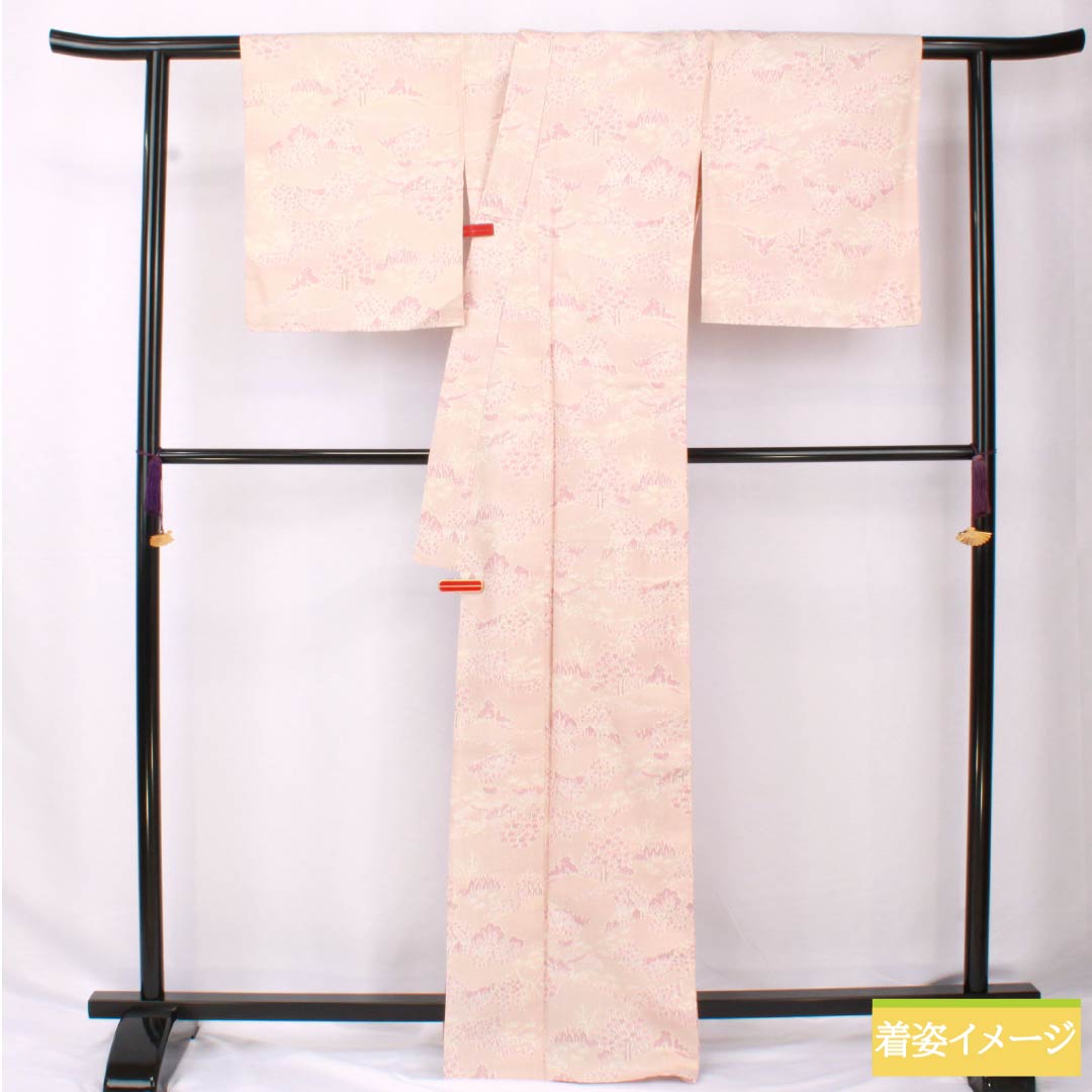 Pure silk tsumugi kimono, length 169.5cm, sleeve length 67cm, light purple (asa-kimono) color, landscape pattern, S rank, single layer, pink, product code 1116003822513
