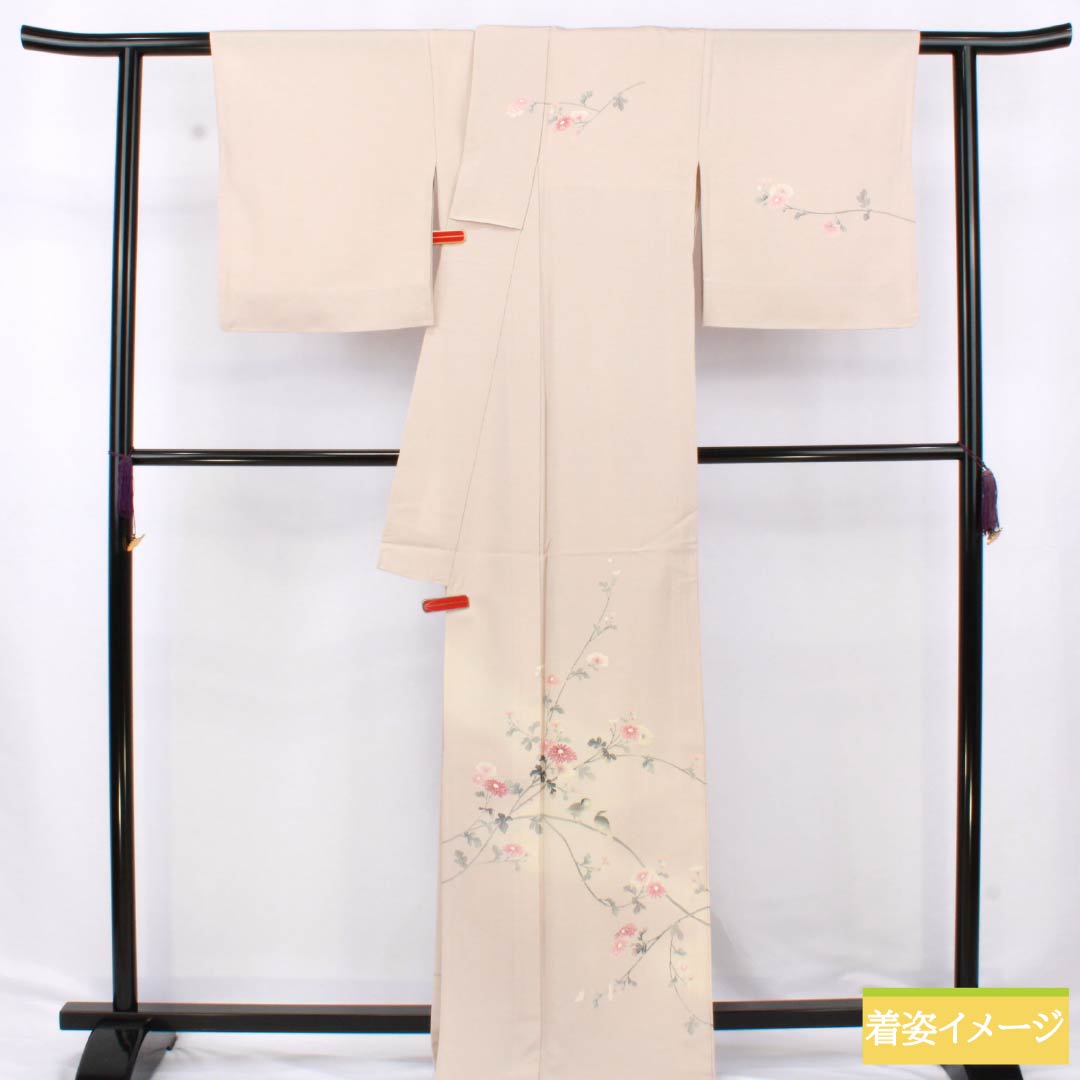 訪問着 正絹 Aランク 単衣 身丈167cm 裄丈68.5cm 翁茶色（おきなちゃいろ） 京友禅 鳥 菊花 ピンク系 1112006103513