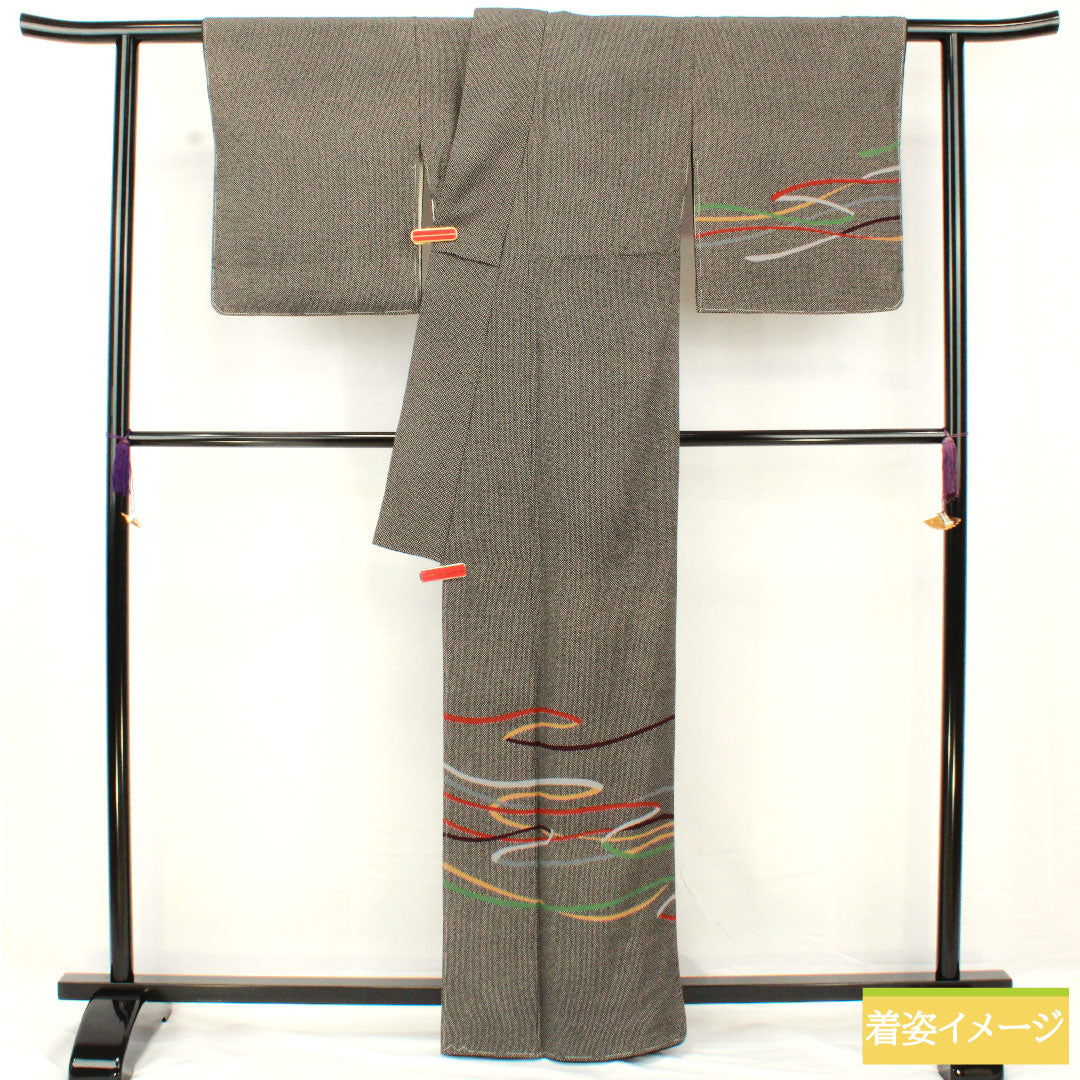 訪問着 正絹 袷 身丈161cm 裄丈64.5cm 行儀 抽象模様 しつけ糸付き 未使用品 Sランク 黒系 1112005122410