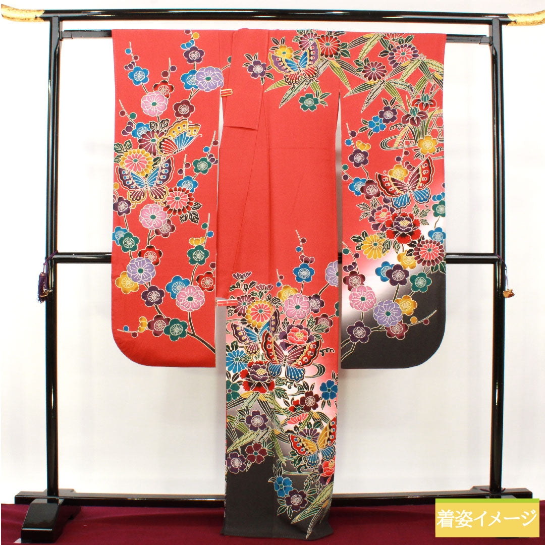 振袖 正絹 身丈165.5cm 裄丈67cm 袷  猩々緋色 京紅型 吉祥文様  Sランク 赤系 1113001962512