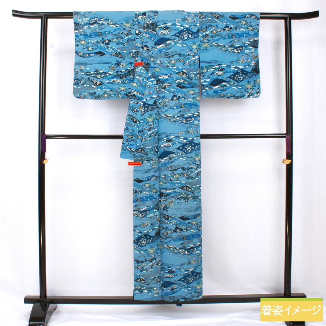 小紋 正絹 身丈154cm 裄丈64.5cm 単衣 空色（そらいろ） 型染 藍型調 吉祥文様 Bランク 青系 1115005614217