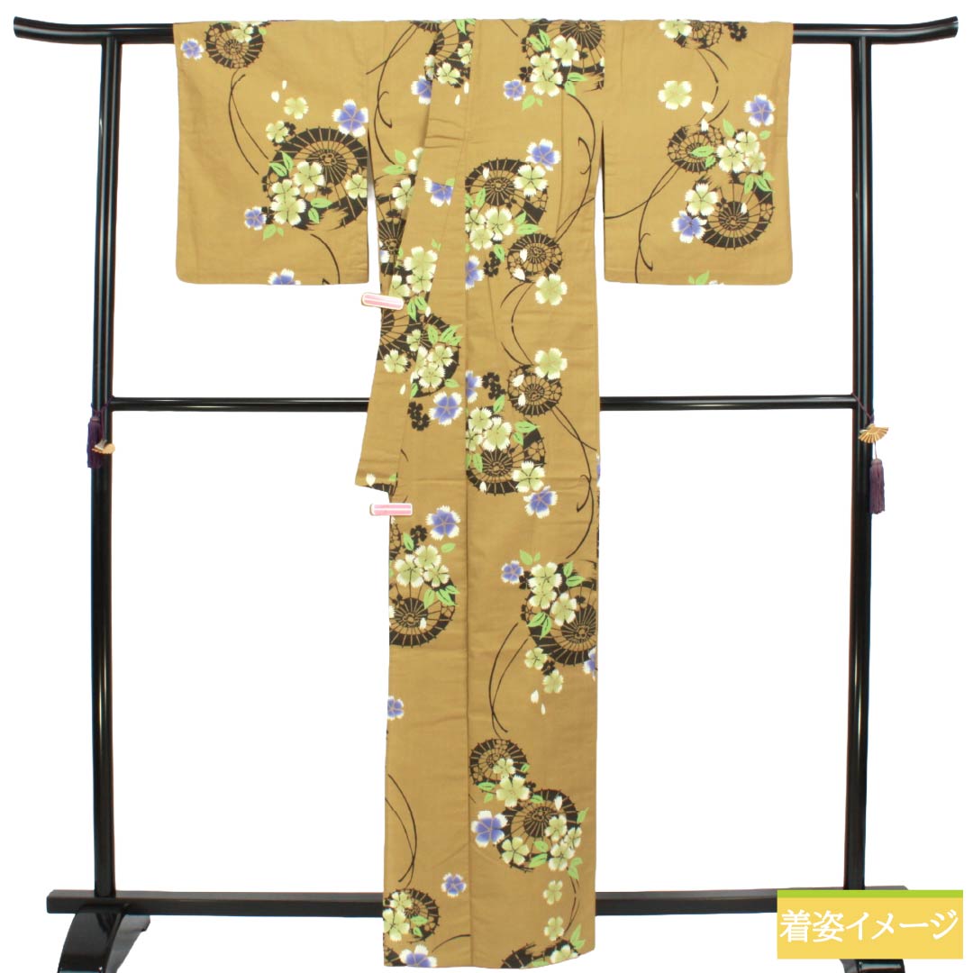 浴衣 木綿 Sランク 身丈162.5cm 裄丈64.5cm 楊梅色（やまももいろ） 山本寛斎 笠 秋桜 単衣 ベージュ系 1118006942425