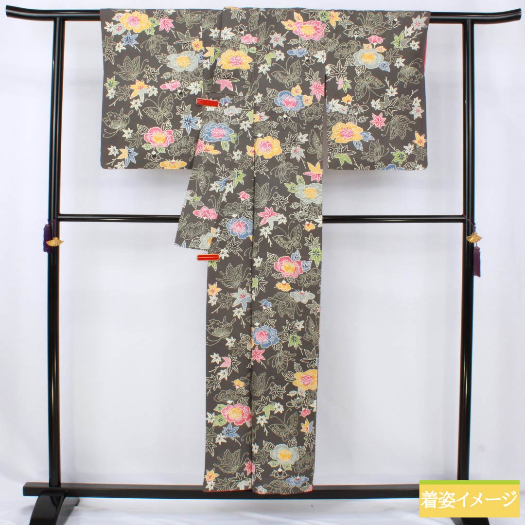 小紋 正絹 Sランク 身丈154cm 裄丈64cm 袷 薄黒色（うすぐろいろ） 京紅型 半衿付き 蝶 花 グレー系 1115007742222