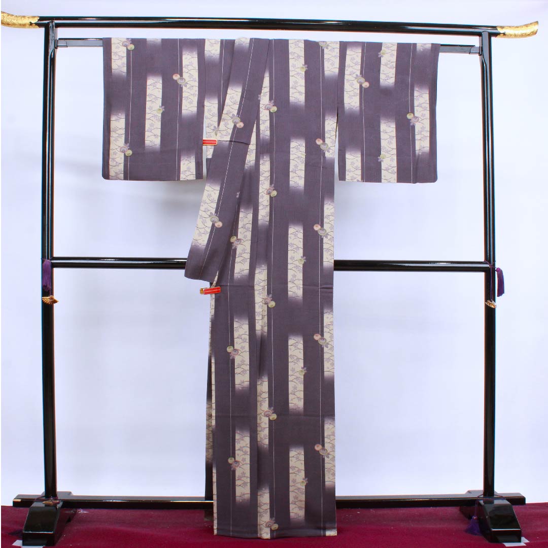 Summer pure silk komon length 165.5cm sleeve length 66.5cm deep purple cherry blossom dew grass flower pattern silk S rank purple 1132000132520