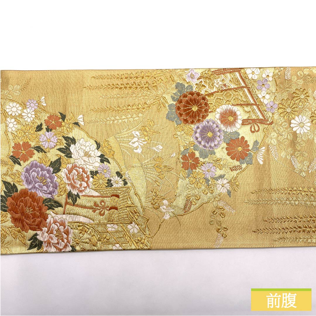 Formal, pure silk obi for formal kimono, featuring a Goshoguruma (imperial carriage) design, wisteria flowers, and peonies. Length: 416cm. S rank. Six-fold hem. Gold accents. Product number: 1123014512321.