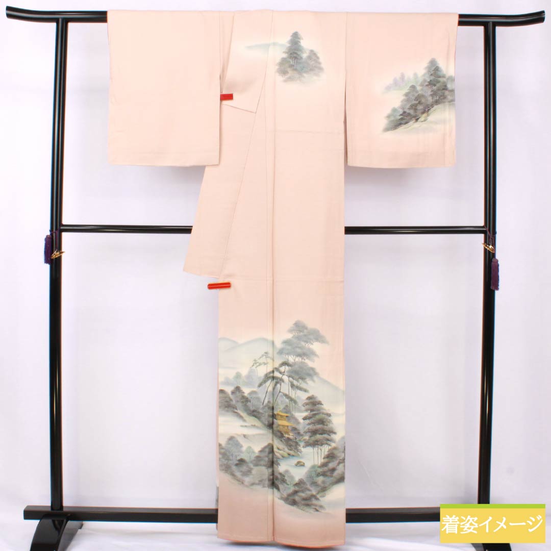 訪問着 正絹 Sランク 袷 身丈161cm 裄丈65.5cm 乙女色（おとめいろ） 京友禅 作家物 金閣寺 風景画 しつけ糸付き ピンク系 1112007172413