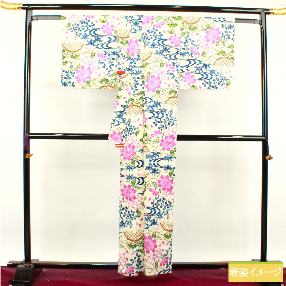 浴衣 綿麻 身丈159cm 裄丈66cm Sランク 単衣 白系 乳白色（にゅうはくしょく） 源氏物語 型染 桜 1118004782311