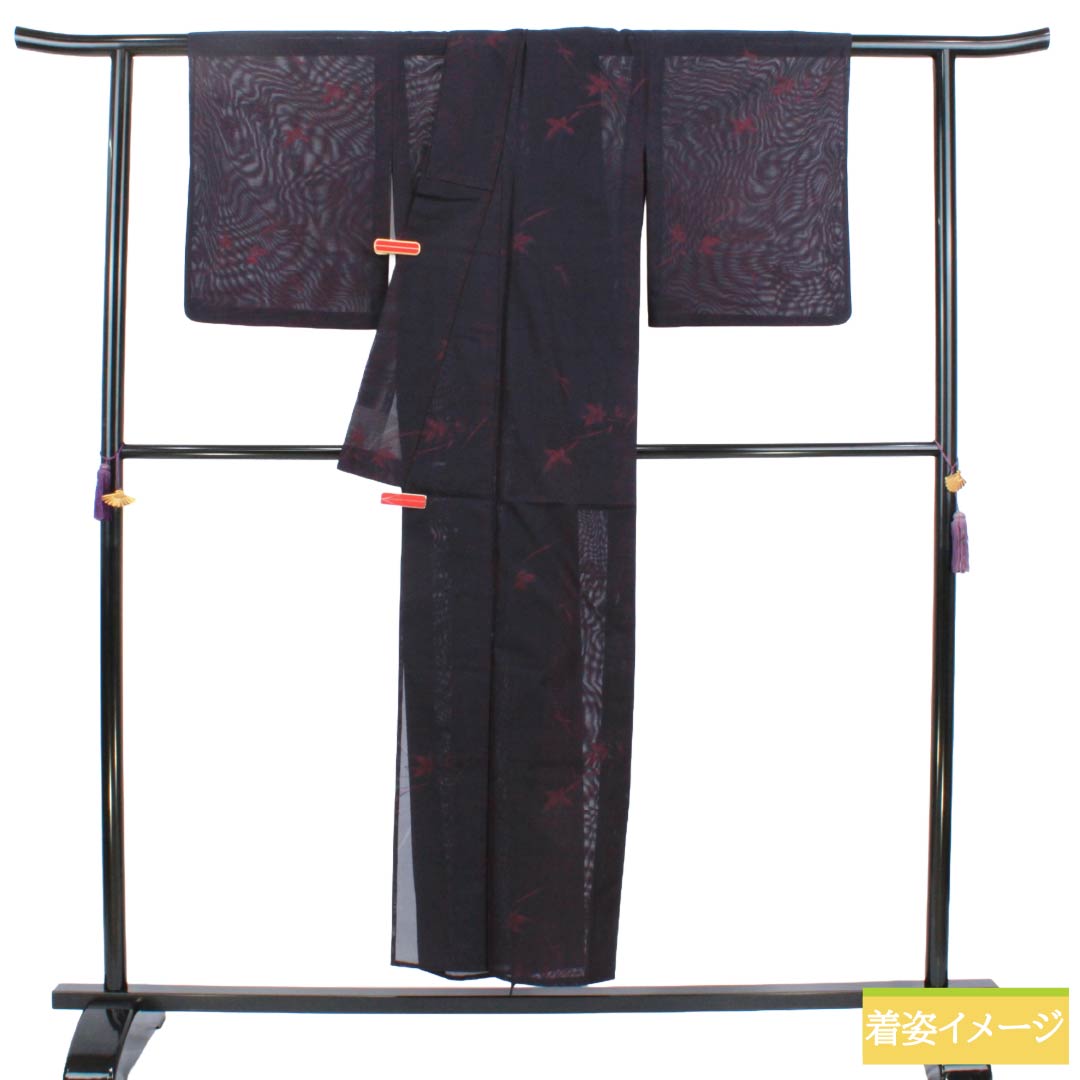 夏物 正絹 お召 Aランク 身丈151cm 裄丈64cm 紫黒色（しこくしょく） 草花模様 紗 紫系 1132004663220