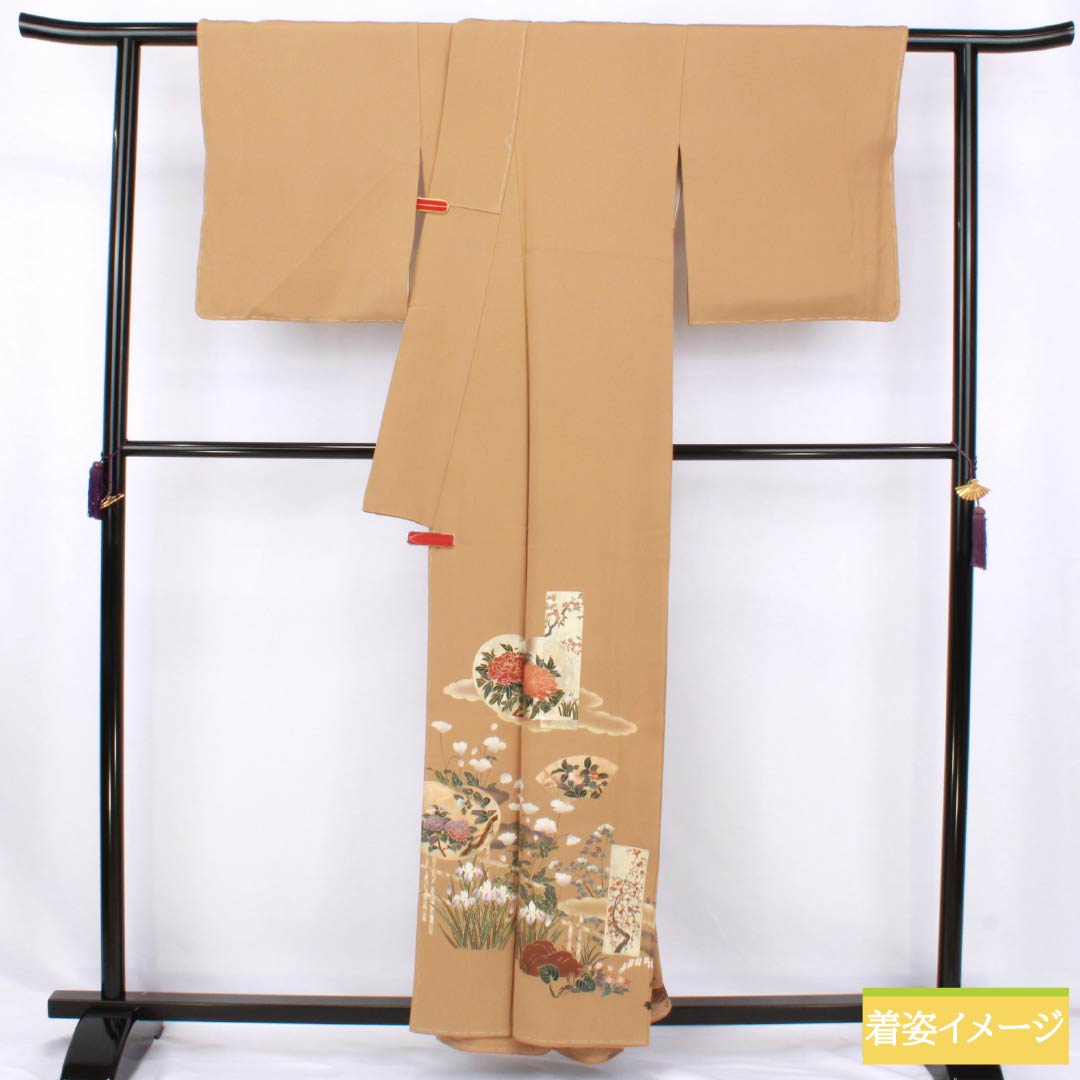 色留袖 正絹 Sランク 身丈157.5cm 裄丈63cm 袷 丁子色（ちょうじいろ） 一つ紋 丸に違い鷹の羽 草花 スコッチガード 一つ紋 茶系 1111002022314