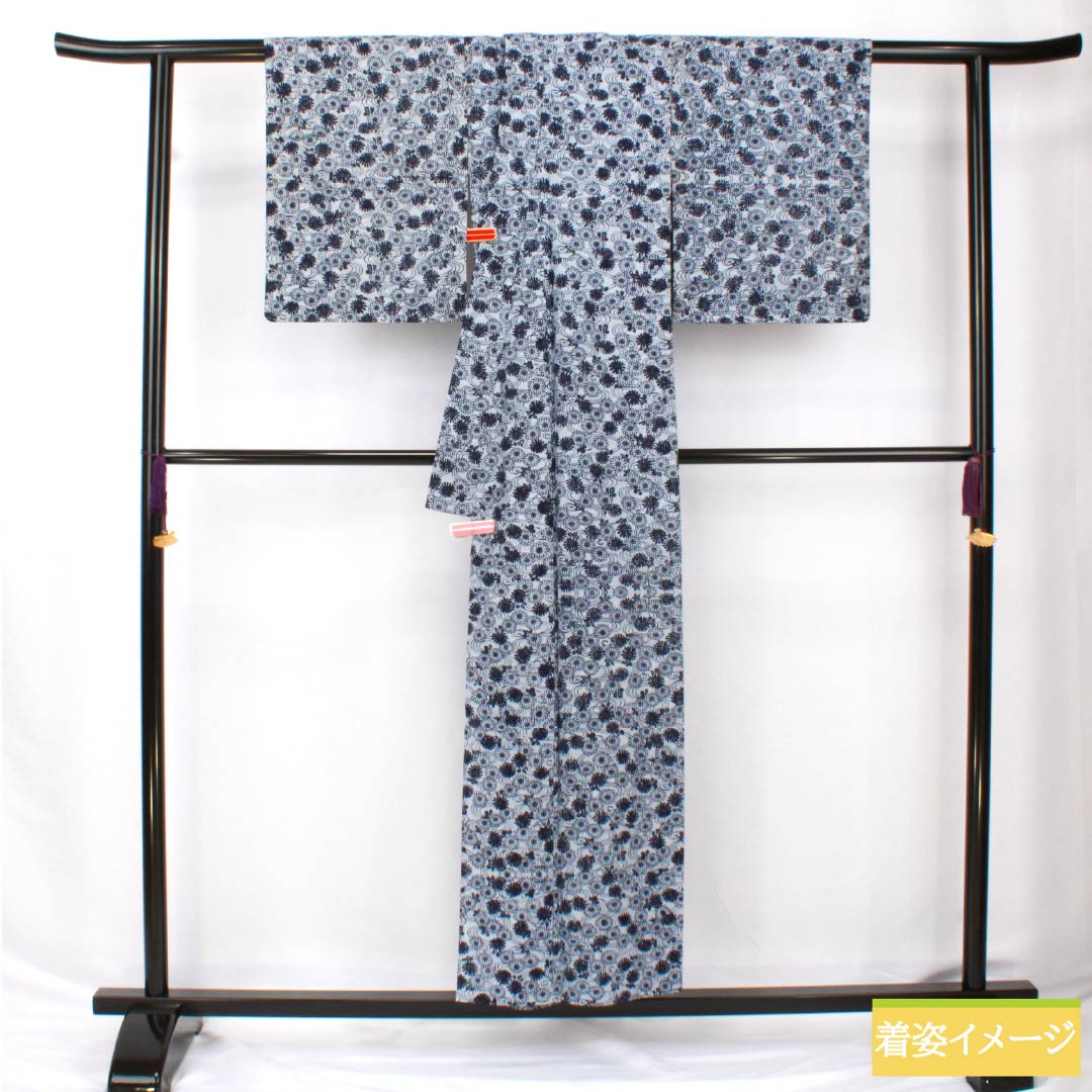浴衣 木綿 身丈154cm 裄丈62cm Bランク 単衣 グレー系 水銀色（すいぎんいろ） 菊 流水 1118005914222