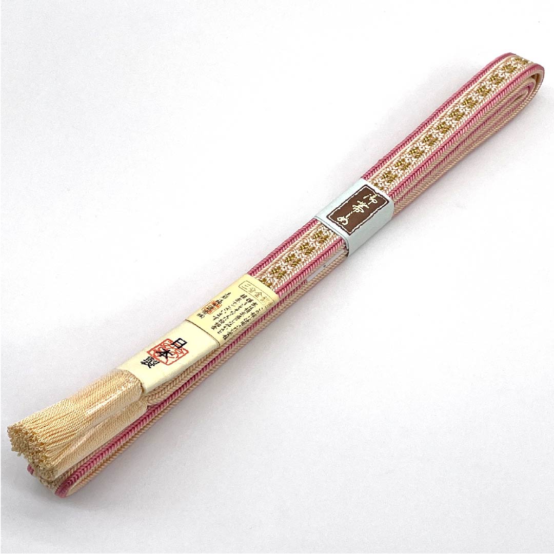 （新古品） 帯締め 正絹 四分紐 薄肉色（うすにくいろ） 極彩色三分金銀糸使用 新古品 長さ約159cm 幅約1.7cm セミフォーマル Sランク ピンク系 1135002712313