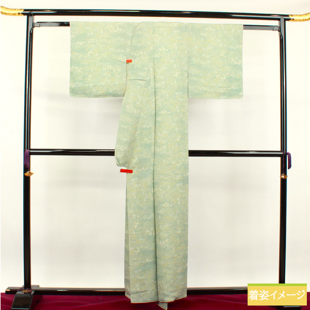 小紋 正絹 身丈158cm 裄丈61.5cm 袷  裏葉色 草花模様 しつけ糸付き 未使用品  Sランク 緑系 1115003612319
