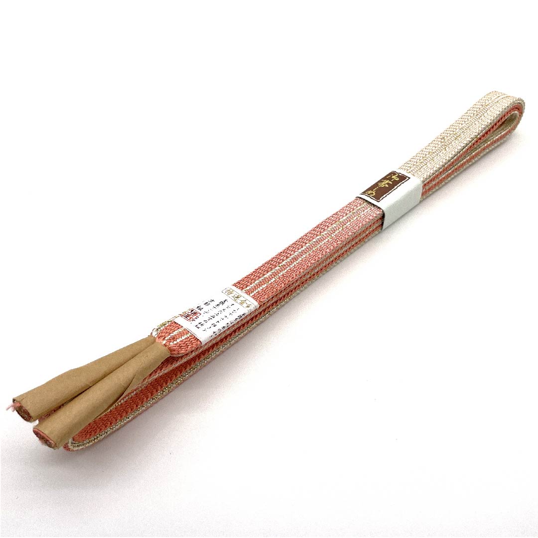 (Like new) Pure silk obijime (sash band) with a washed vermilion finish, featuring metallic threads and specially selected gold and silver threads. Approximately 168cm long, 1.5cm wide, semi-formal, S rank, pink. Product code: 1135002322313