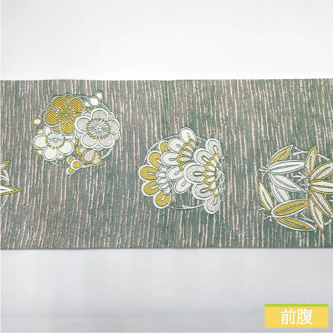 Fukuro Obi (Sash) made of pure silk, in flower green and blue (hanarokushoiro), for long-sleeved kimono and tomesode, with pine, bamboo and plum motifs, obi length 438cm, S rank, six-pass, formal, green, 1123013722319