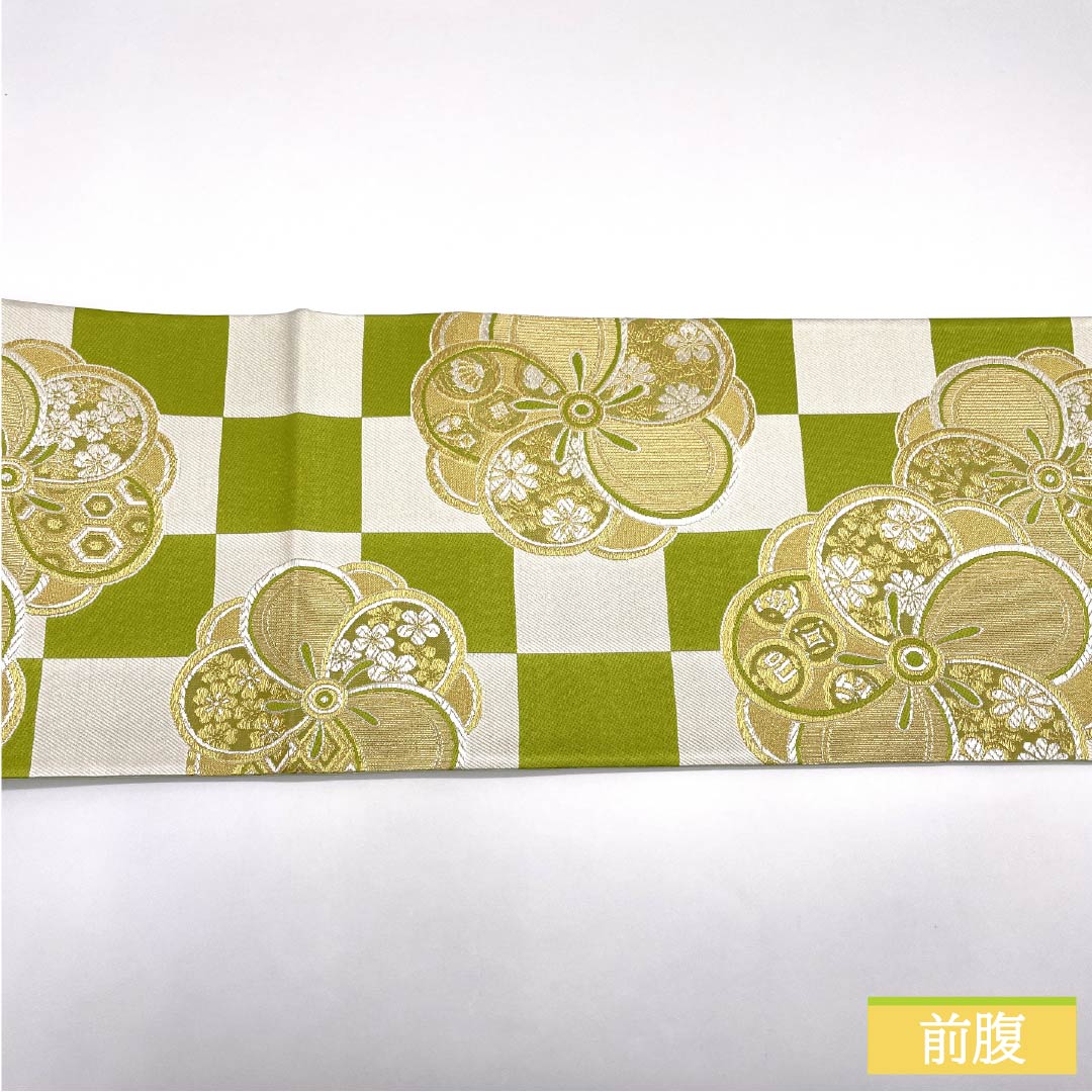 Formal obi, pure silk, S-rank, Wakanae-iro (young seedling color), for furisode (long-sleeved kimono), featuring a classic checkered pattern and a twisted plum blossom design. Length: 442cm, six-fold, green. Product code: 1123015822319
