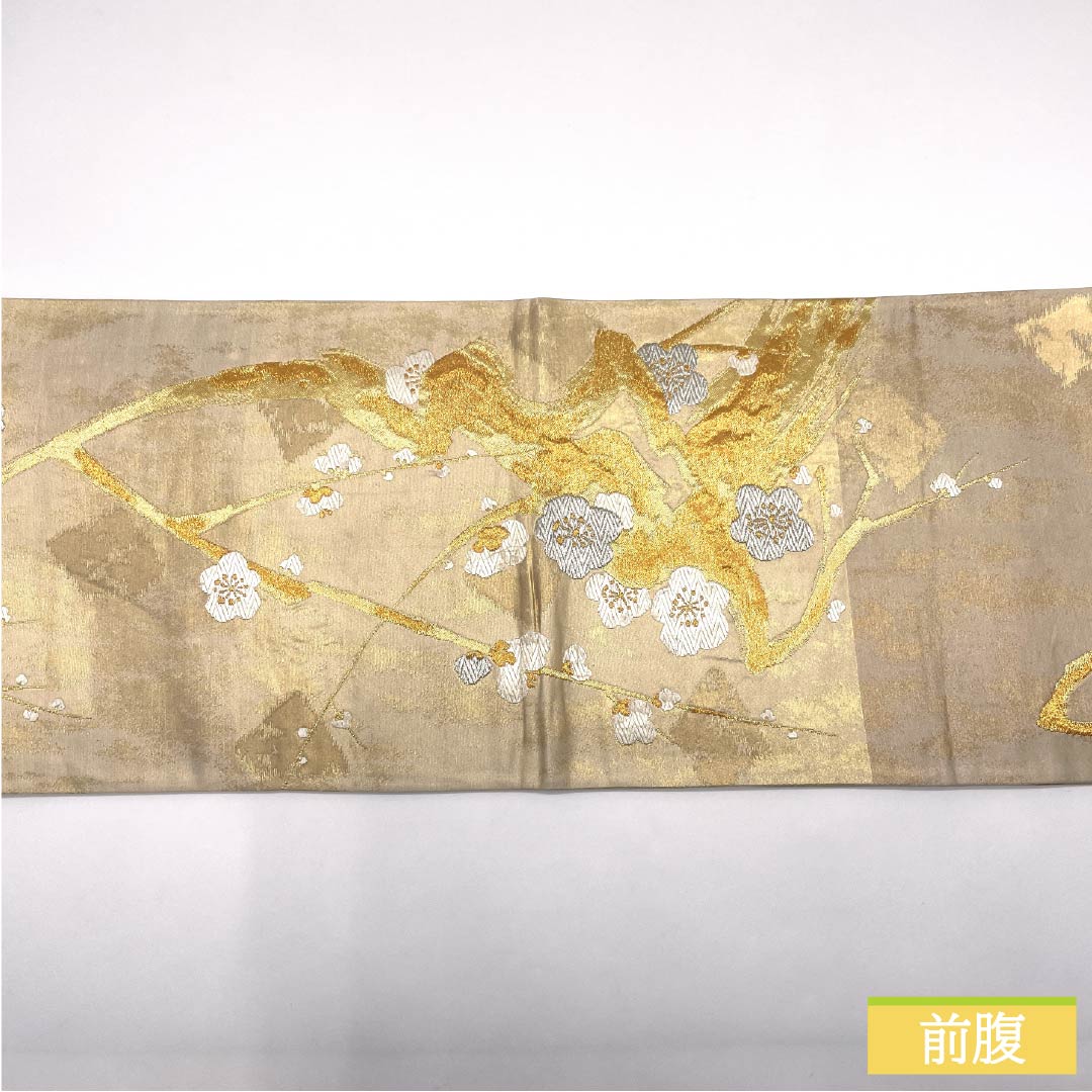 Formal, pure silk obi for formal kimono, plum blossom pattern, S rank, six-fold hem, gold finish, 1123014132321