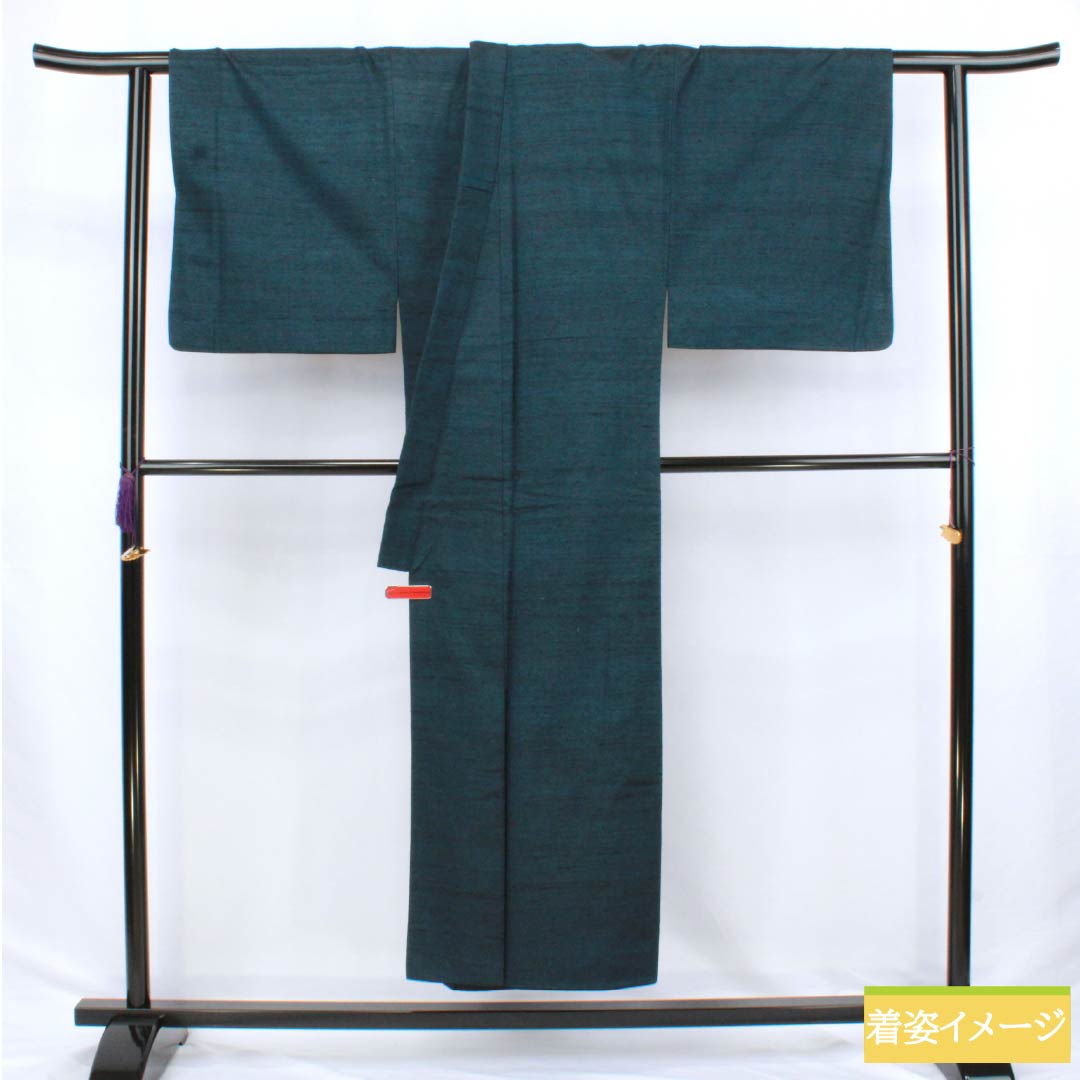 Men's Pure Silk A-Rank Kimono, Length 149cm, Sleeve Length 71cm, Indigo Iron (Aite-iro) Color, Tsumugi Fabric, Lined, Blue Tones, Product Code: 1119001263417