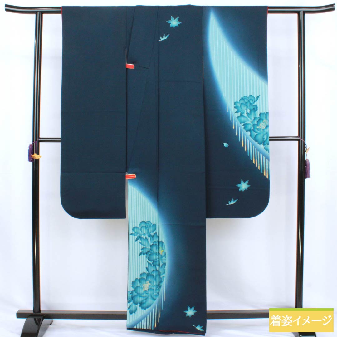 振袖 正絹 Aランク 身丈161cm 裄丈62.5cm 袷 印度藍色（いんどあいいろ） 京友禅 牡丹 紅葉 紺系 1113002833418