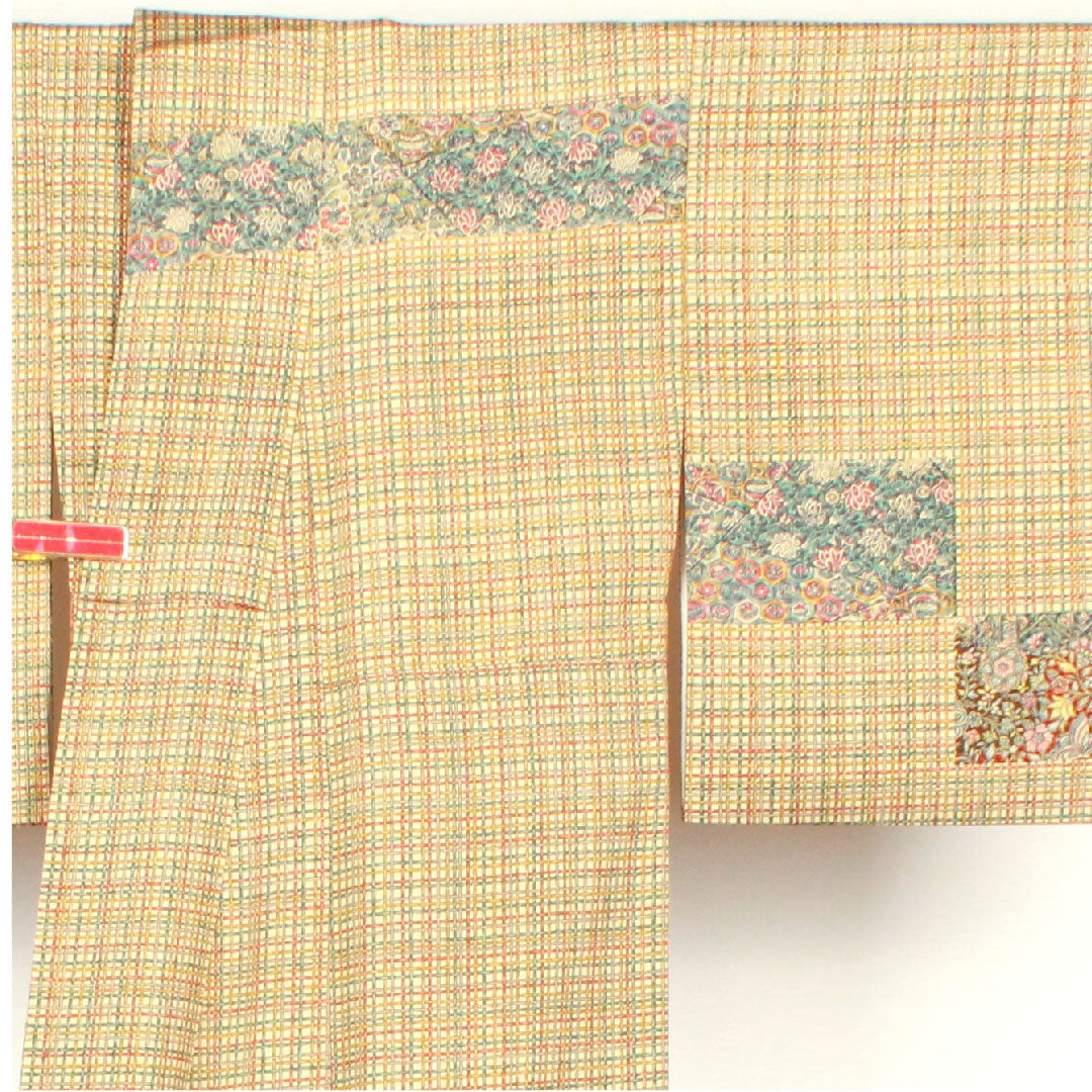 Homongi, lined, length 151.5cm, sleeve length 63cm, chintz pattern, checkered, lacquered color, pure silk, A rank, cream color, 1112001473215