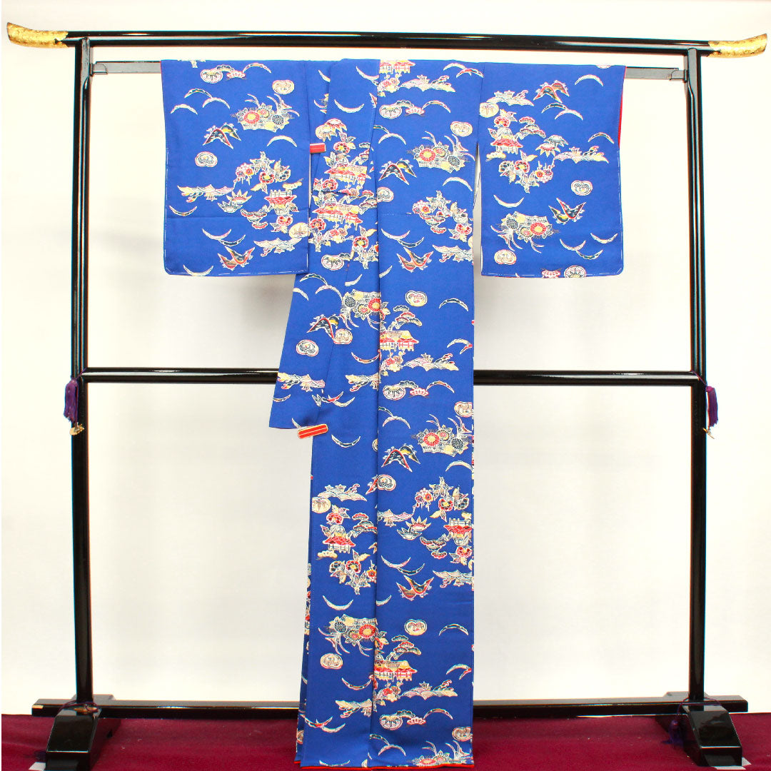 小紋 身丈170cm 裄丈67cm 袷  しつけ糸付き 未使用品 桔梗色 型染 吉祥文様  正絹 Sランク 紺系 1115003372618
