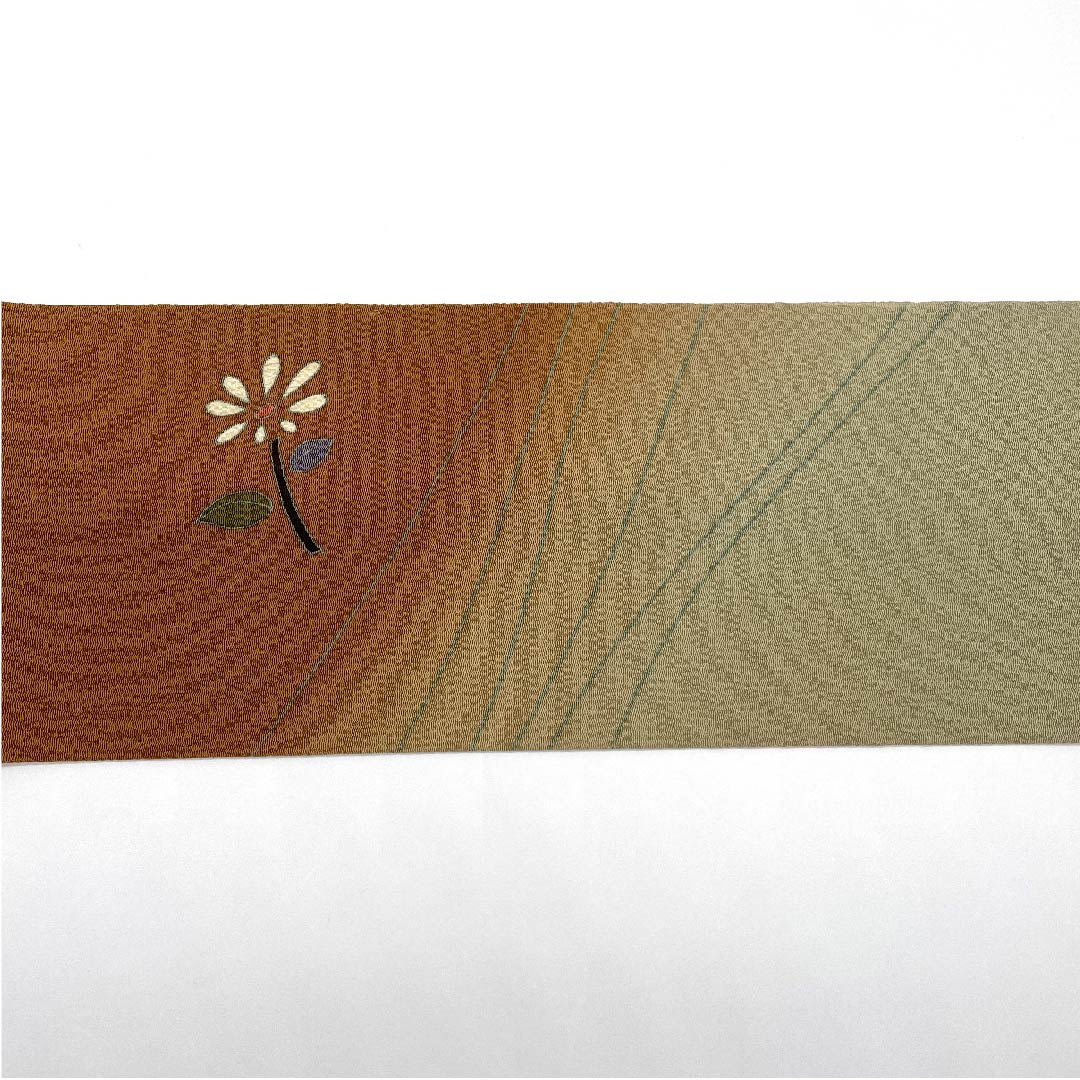 名古屋帯 赤白橡色 亜麻色 花模様 壁糸 帯丈368cm 正絹 Aランク ポイント柄 カジュアル 茶系 1124003723314  名古屋仕立て
