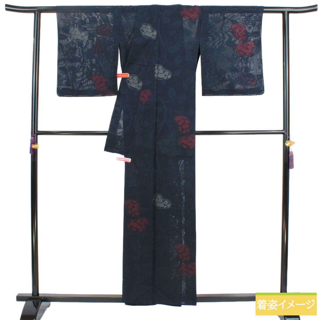 夏物 正絹 お召 Sランク 身丈157cm 裄丈64cm 濃紺色（のうこんいろ） 紫陽花 紗 紺系 1132004352318