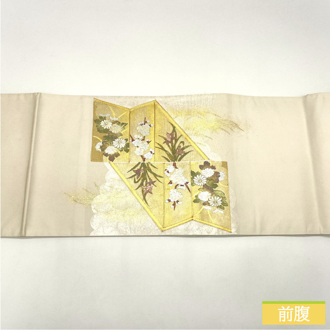 A-Rank Pure Silk Obi with Gold-Tone Leaf and Nishijin-ori Weave, Partially Embroidered, with a Folding Screen and Floral Pattern, 426cm Long, with Pointed Design, Formal, Silver, Item Number: 1123016473322